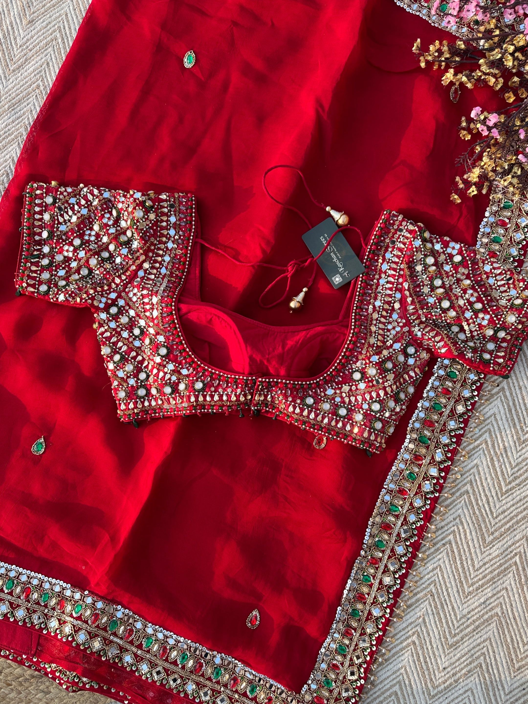 Red Georgette Saree with Raw Silk Blouse with Sequins, Mirror, Stone and Kundan Embroidery 10
