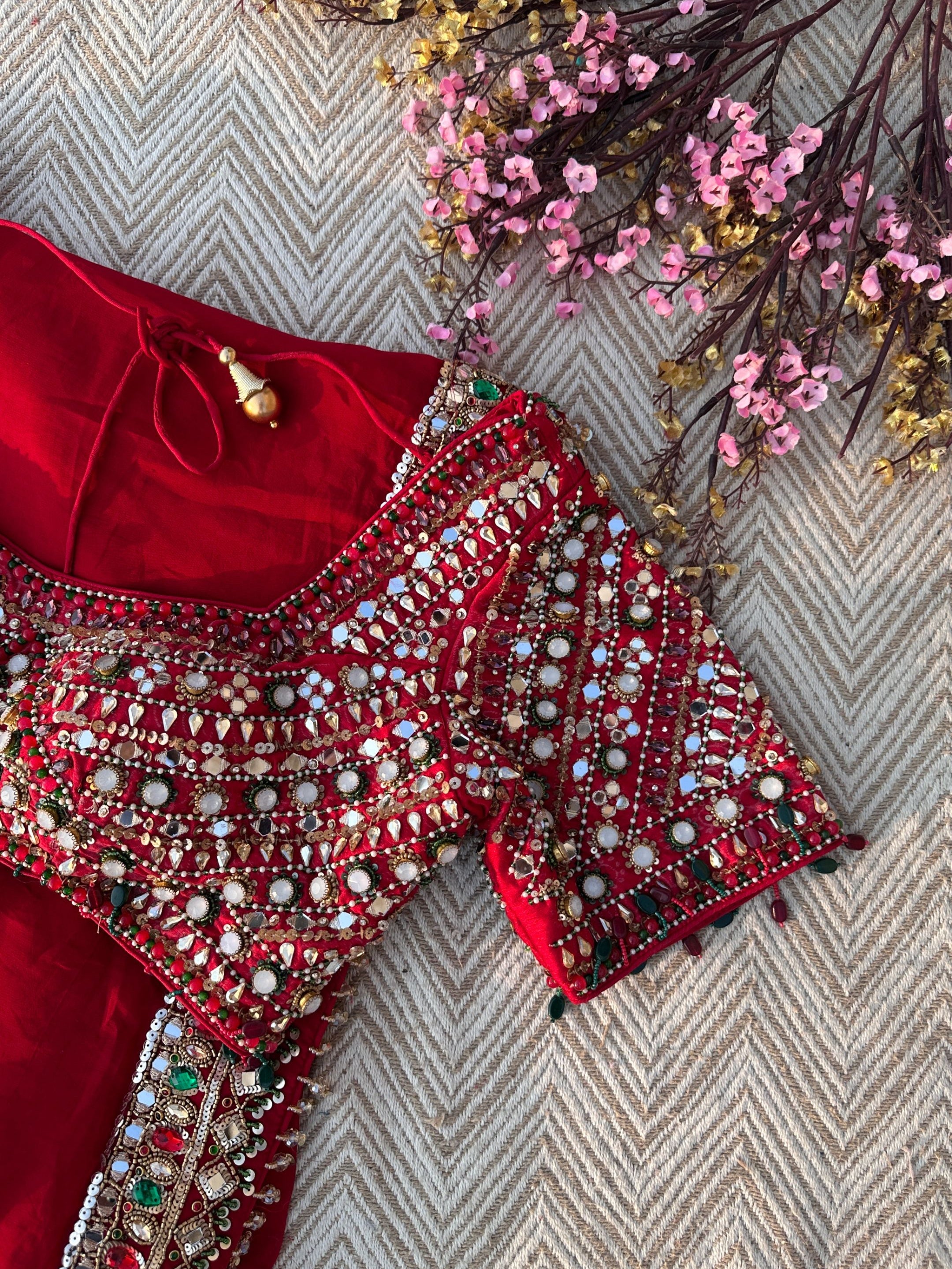Red Georgette Saree with Raw Silk Blouse with Sequins, Mirror, Stone and Kundan Embroidery 3
