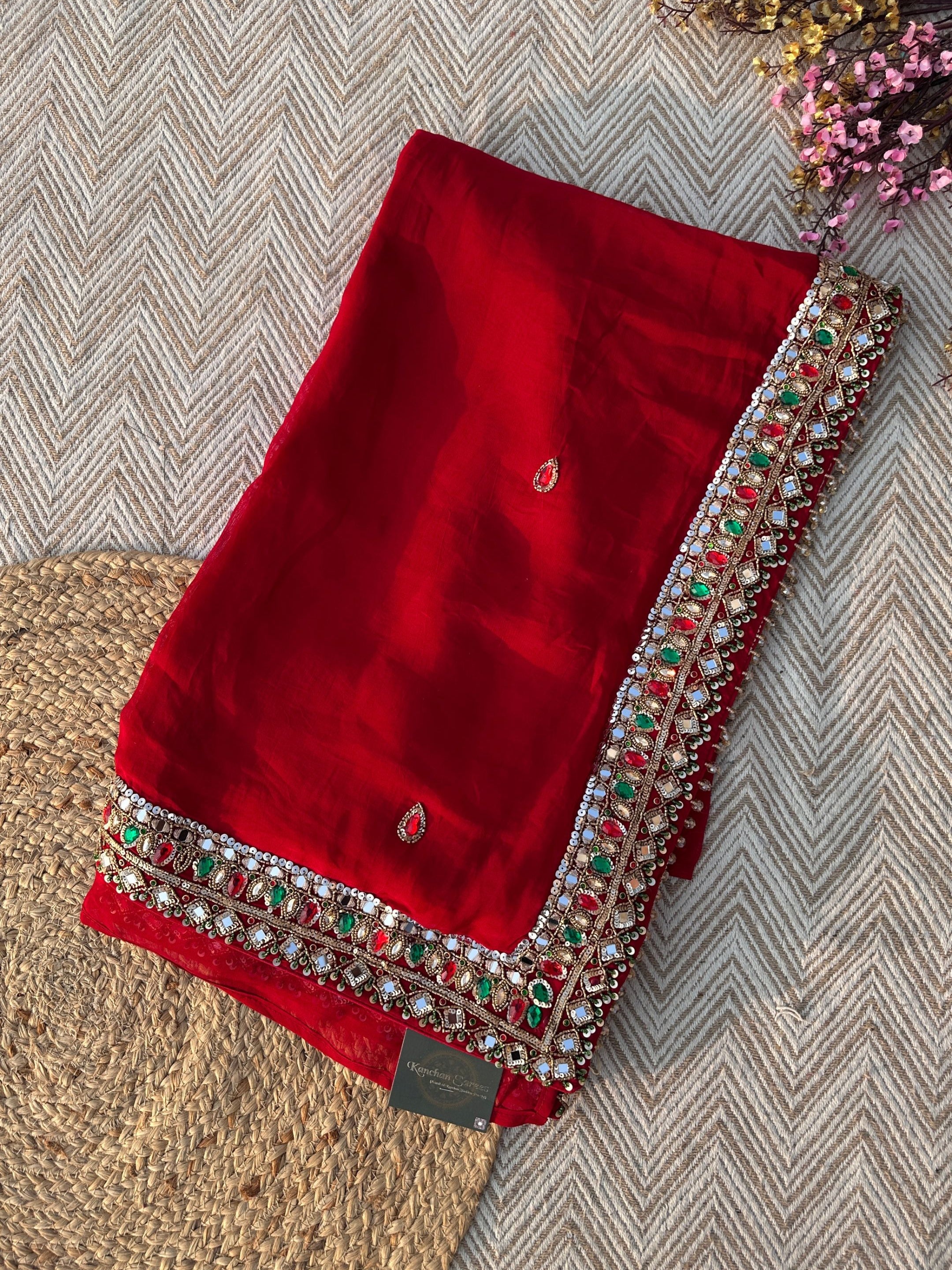 Red Georgette Saree with Raw Silk Blouse with Sequins, Mirror, Stone and Kundan Embroidery 4