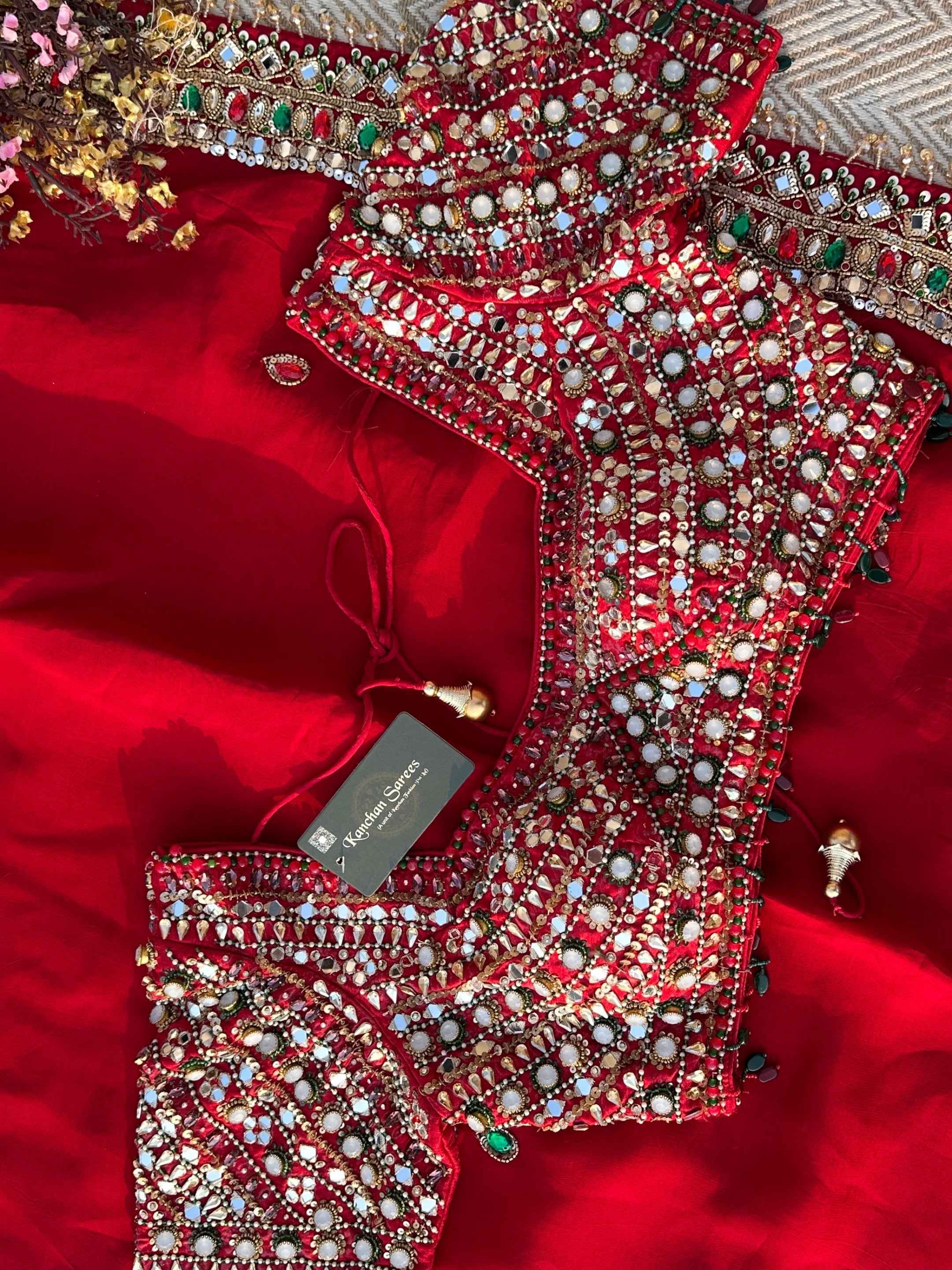 Red Georgette Saree with Raw Silk Blouse with Sequins, Mirror, Stone and Kundan Embroidery 6