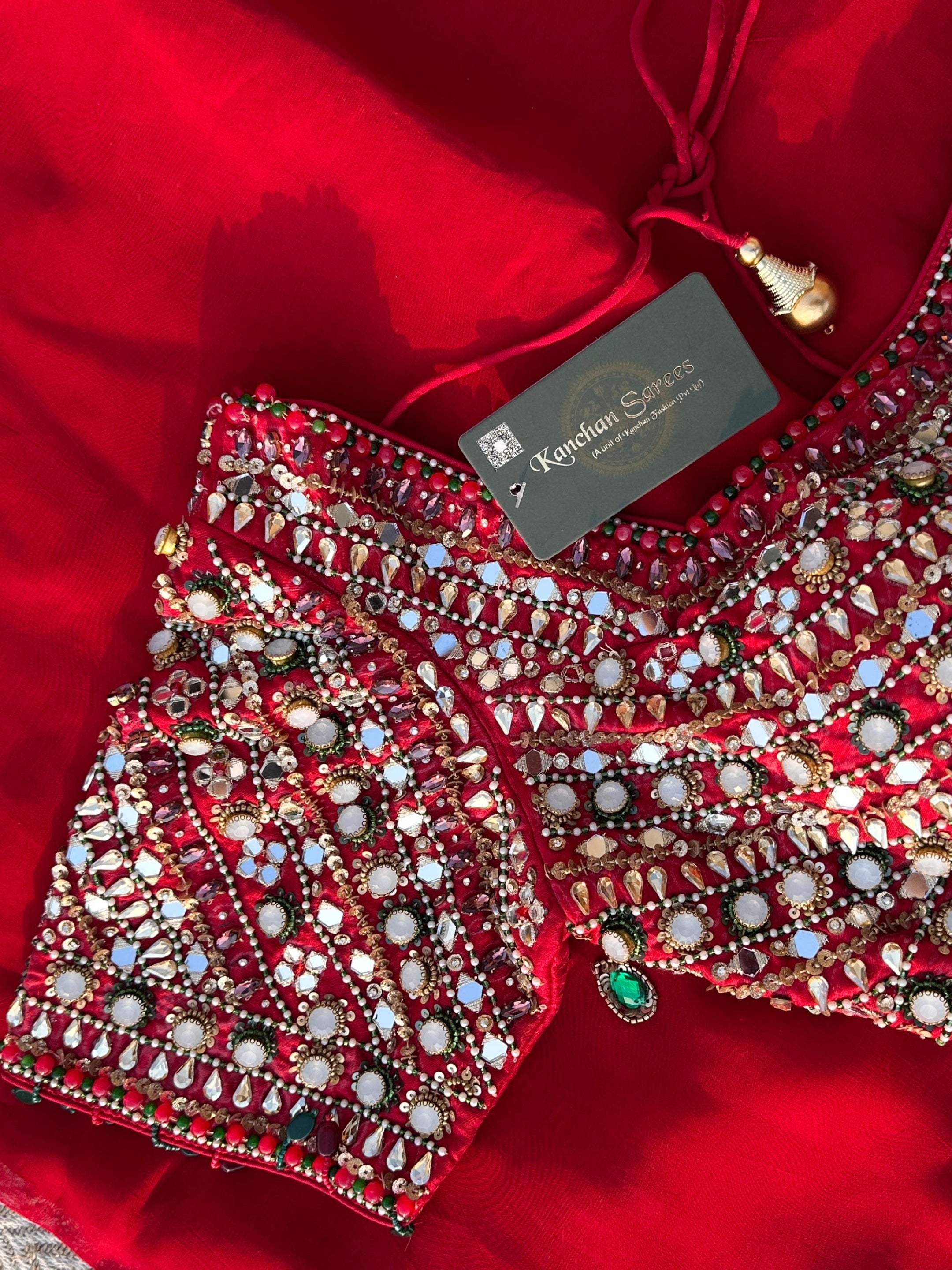 Red Georgette Saree with Raw Silk Blouse with Sequins, Mirror, Stone and Kundan Embroidery 7