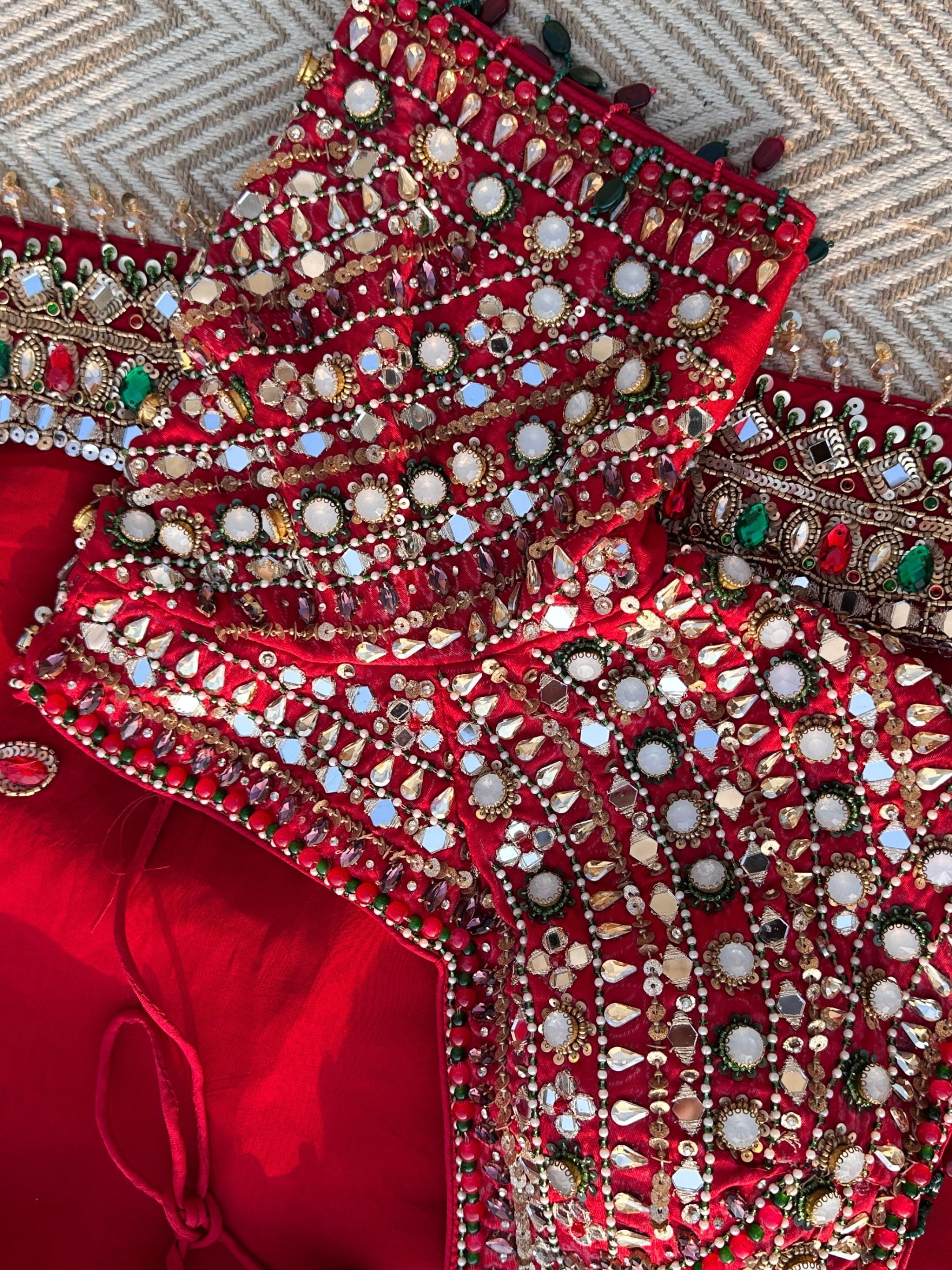 Red Georgette Saree with Raw Silk Blouse with Sequins, Mirror, Stone and Kundan Embroidery 8