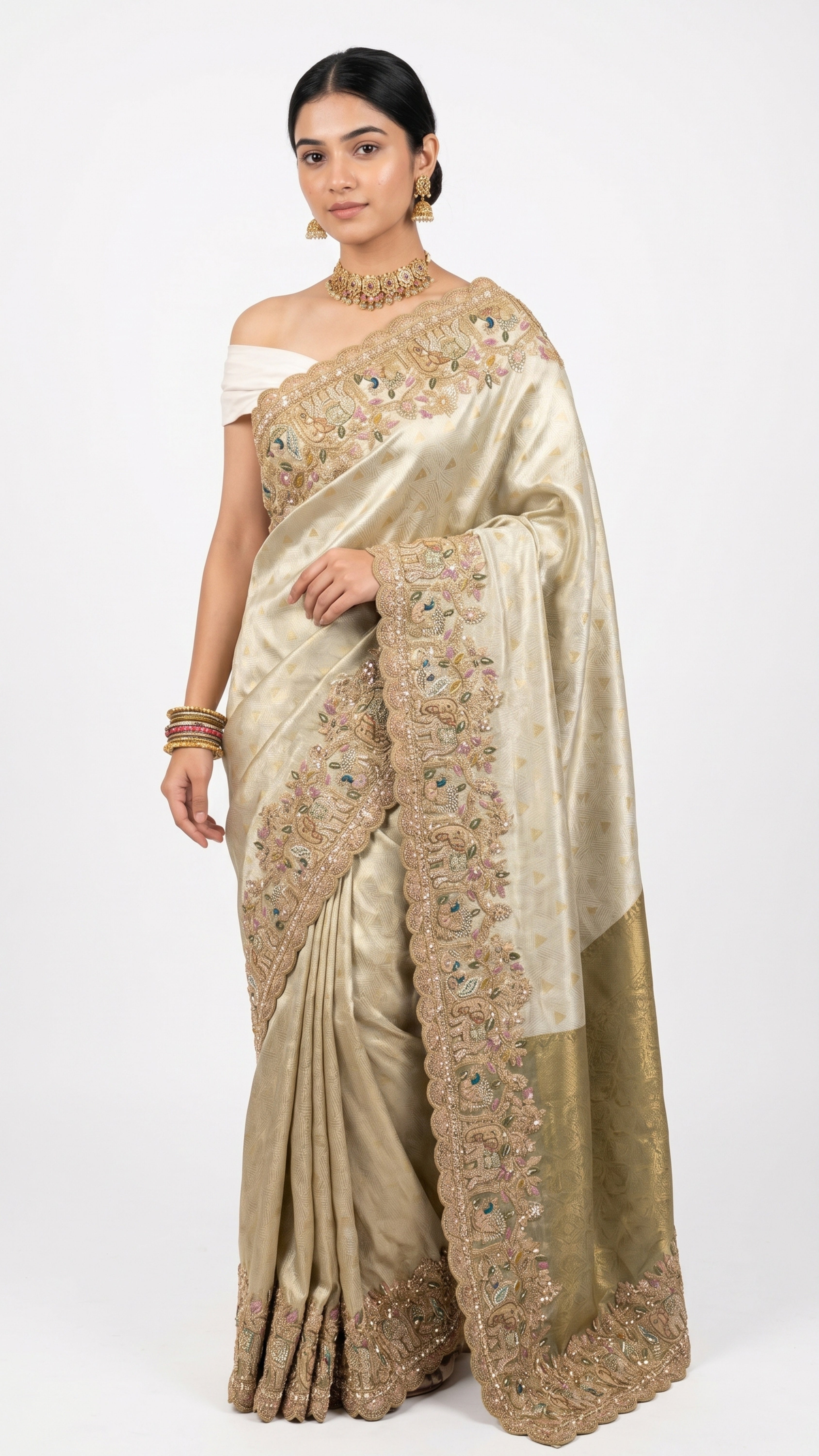 Muted Olive Gold Tissue Silk Saree Embellished with Zari, Cutdana & Zarkan Work