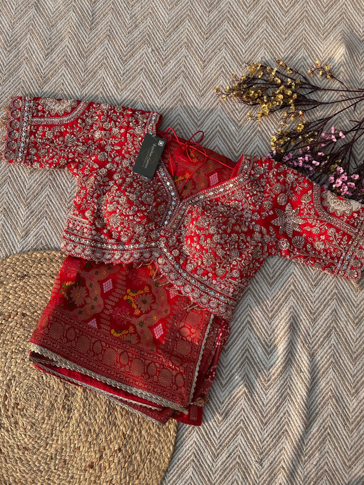Red Crepe Saree with Blouse with Cutdana, Zari, Sequins, Mirror, Pearl and Weaving Embroidery 1