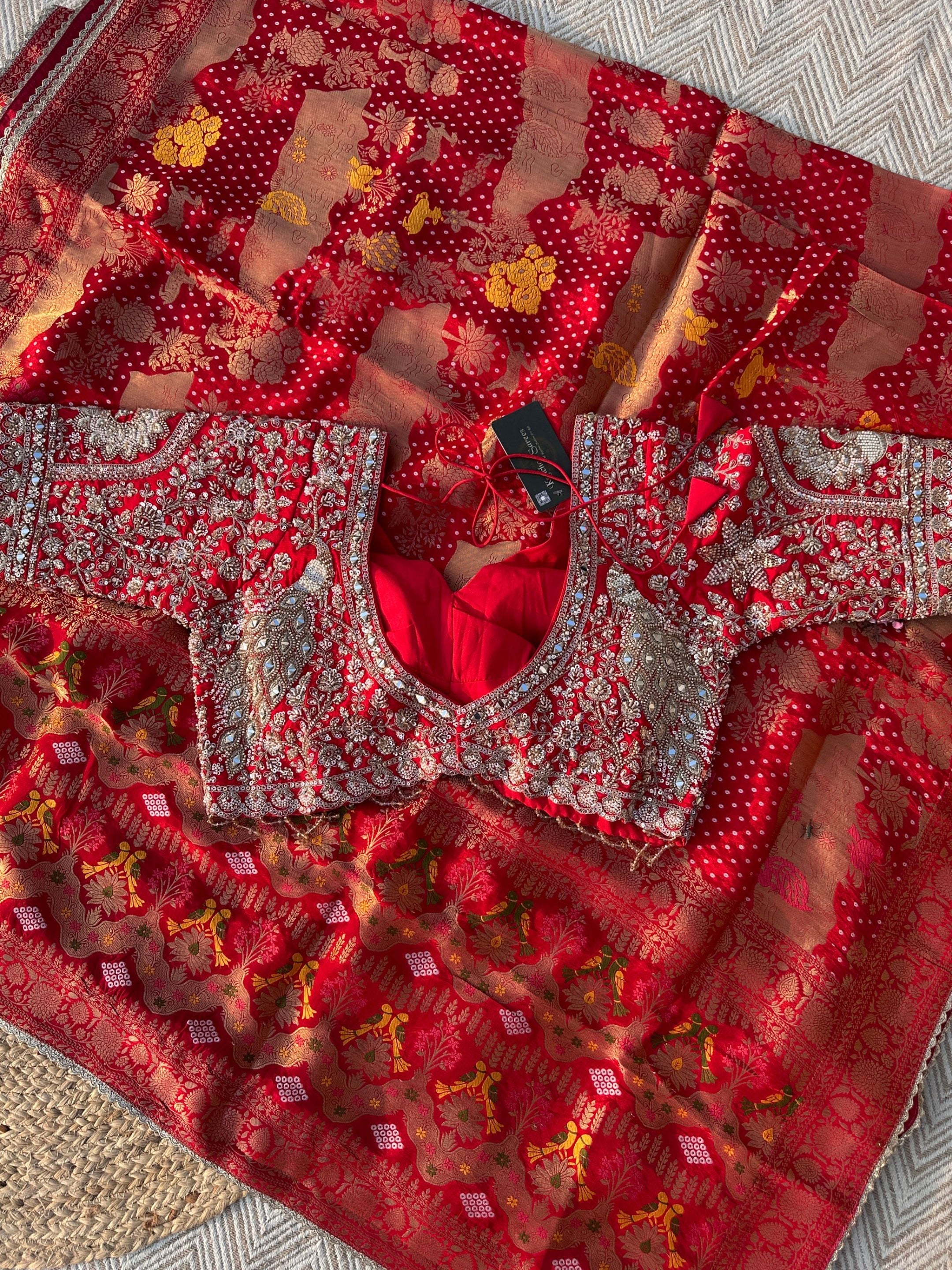 Red Crepe Saree with Blouse with Cutdana, Zari, Sequins, Mirror, Pearl and Weaving Embroidery 10