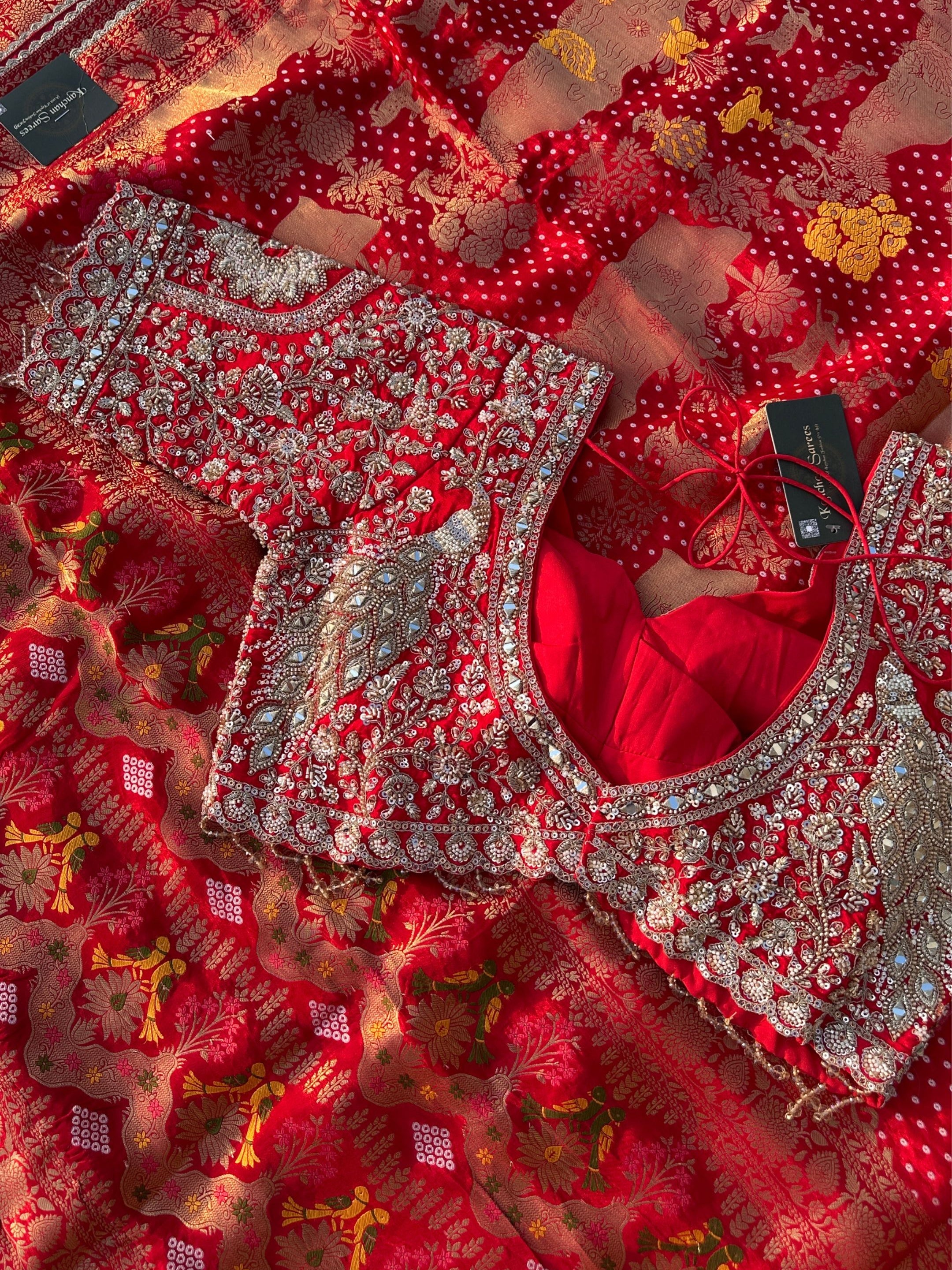 Red Crepe Saree with Blouse with Cutdana, Zari, Sequins, Mirror, Pearl and Weaving Embroidery 11