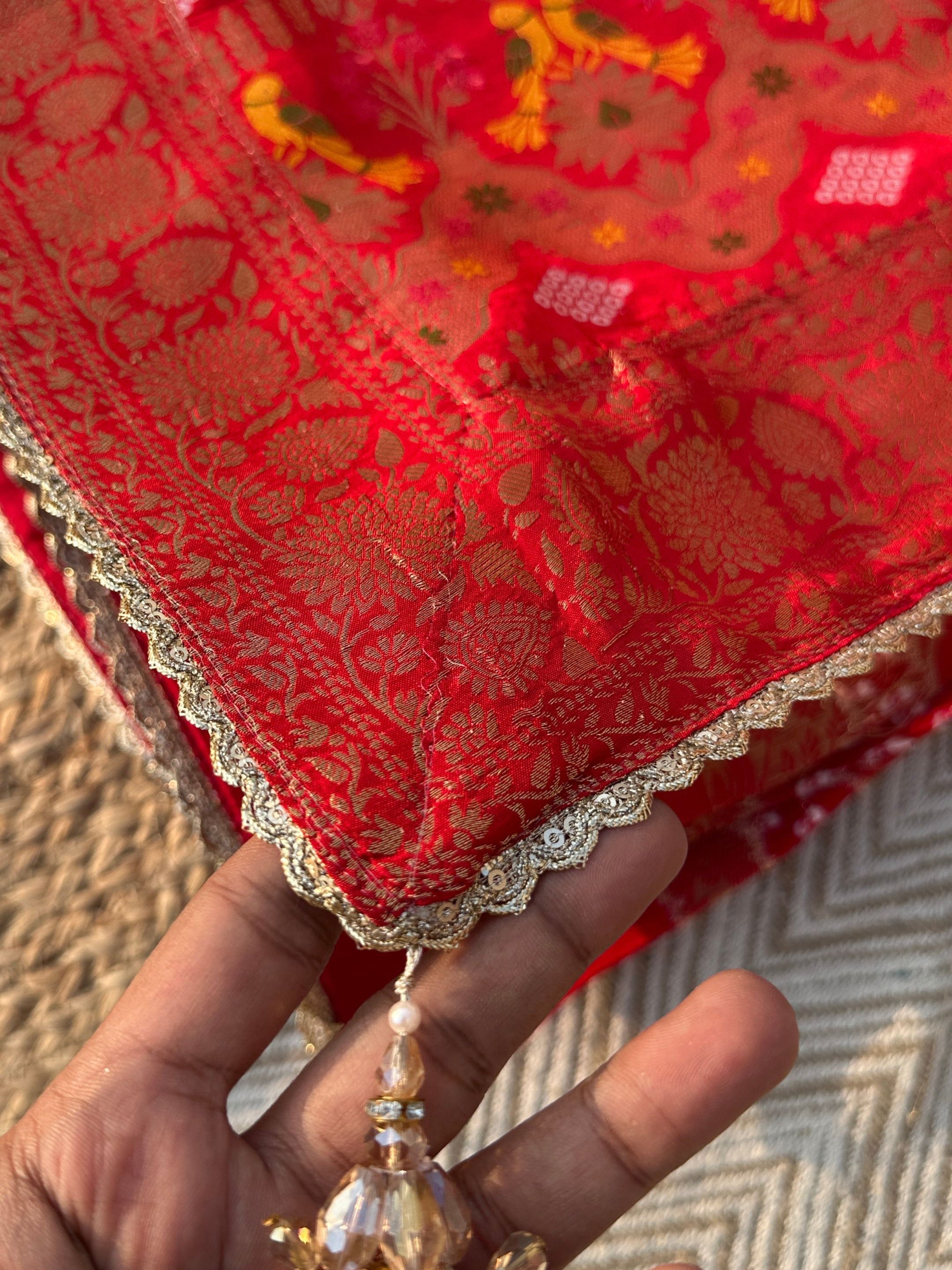 Red Crepe Saree with Blouse with Cutdana, Zari, Sequins, Mirror, Pearl and Weaving Embroidery 5