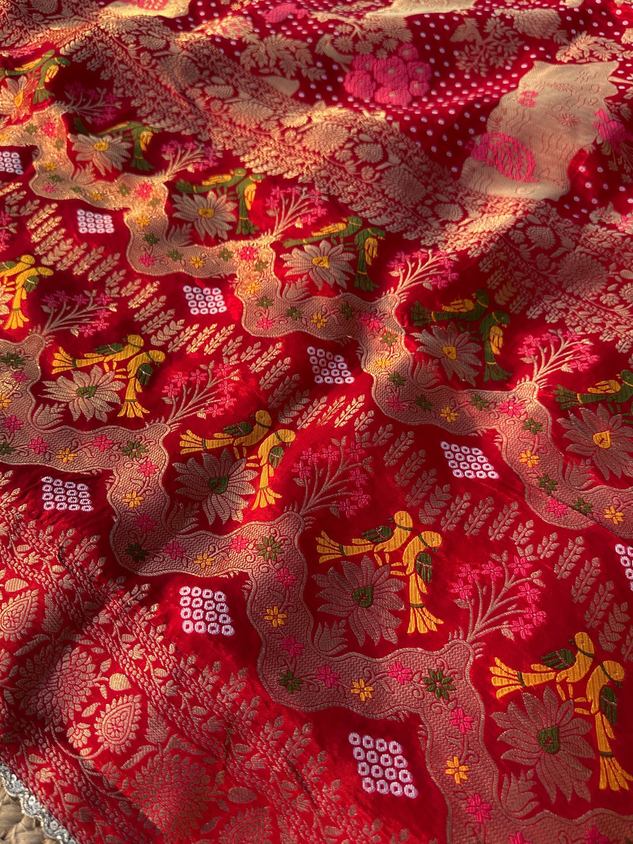 Red Crepe Saree with Blouse with Cutdana, Zari, Sequins, Mirror, Pearl and Weaving Embroidery 8