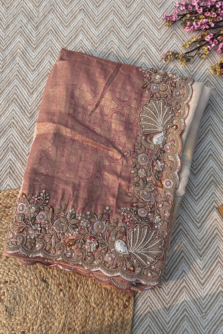 Fawn Tissue Unstitched Saree Embellished With Moti, Sequins, Zari & Cutdana Work