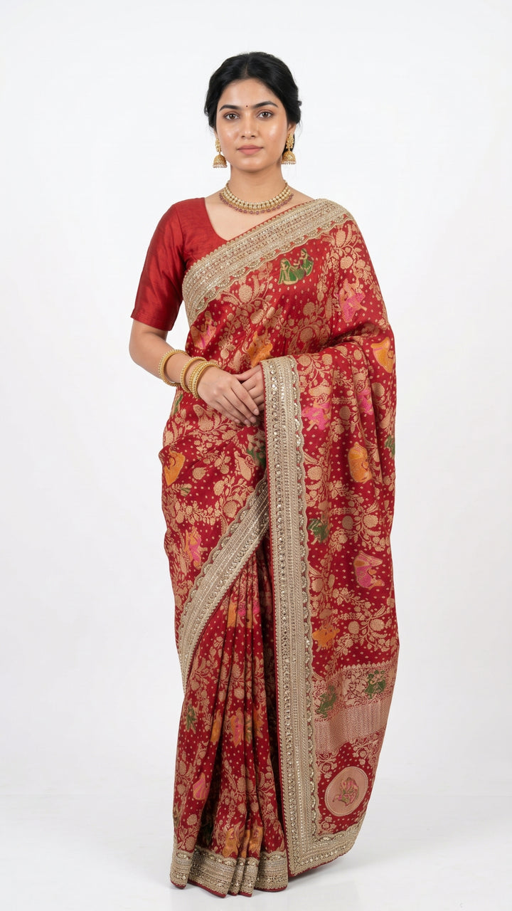 Red Georgette Unstitched Saree with Zari, Cutdana & Sequins Work and Heavy Lace Border
