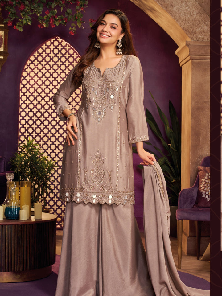 Ash Beige Chinon Suit, Sharara And Dupatta with Zari, Cutdana, Sequins and Mirror Work