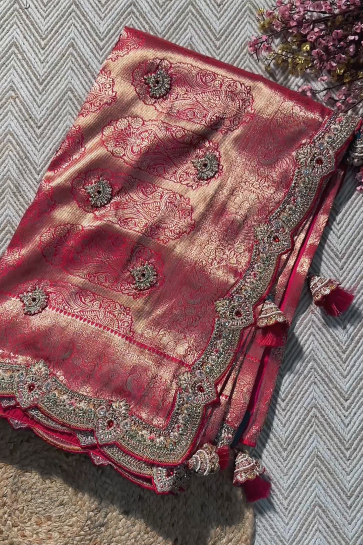 Rani Banarasi Silk Unstitched Saree with Dupatta Embellished with Thread & Stone Work