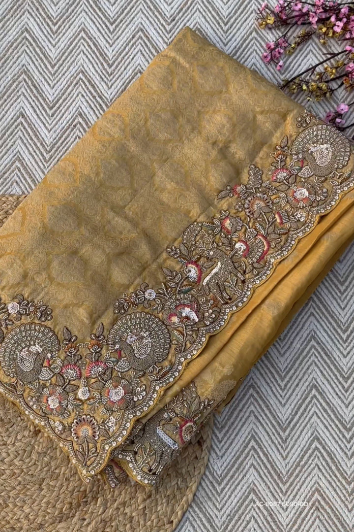 Beige Tissue Unstitched Saree Embellished With Sequins, Thread, Zari, Moti & Cutdana Work