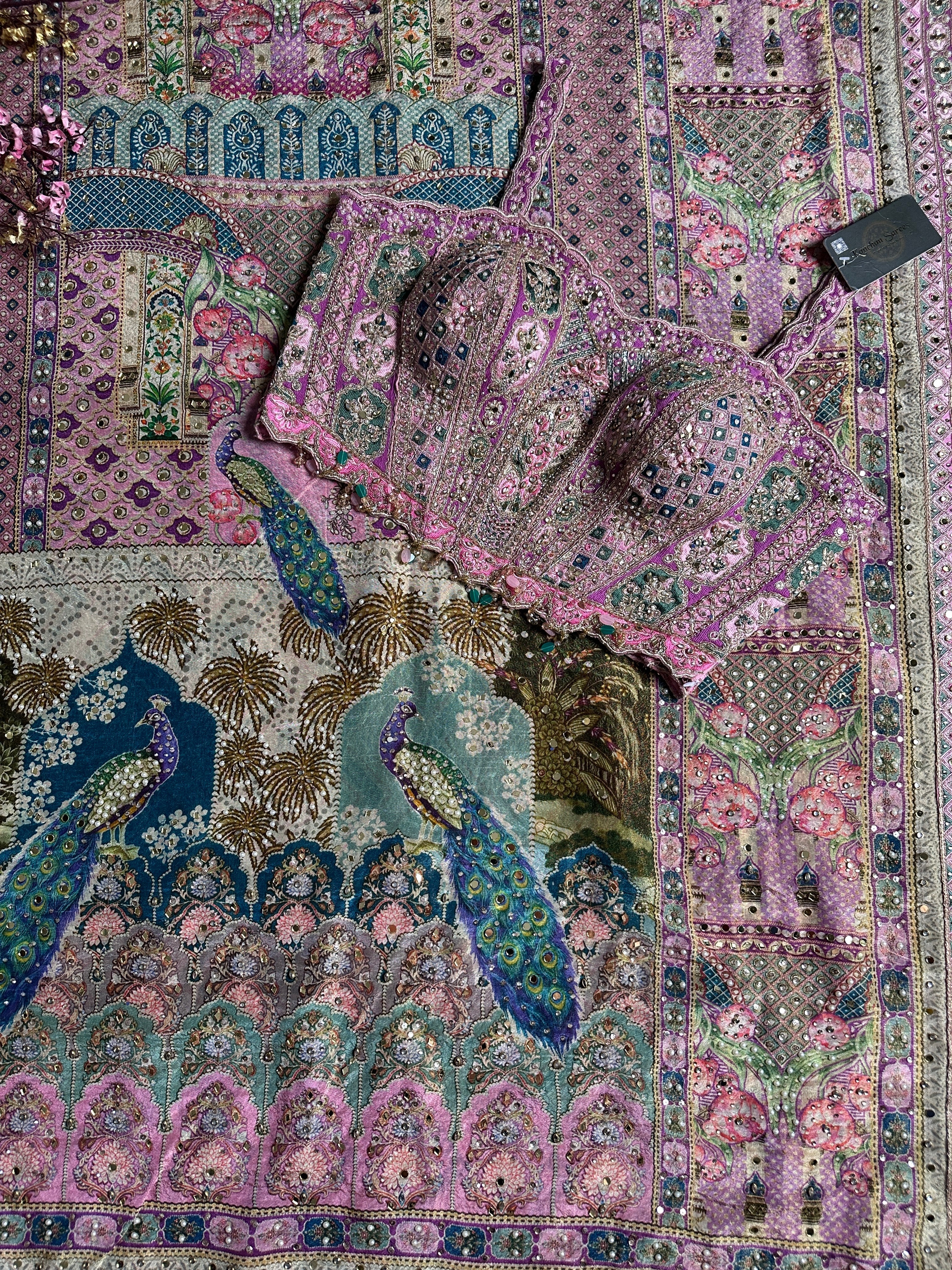 Pink Georgette Saree with Blouse with Cutdana, Sequins, Zari, Printed, Stone and Resham Embroidery 10