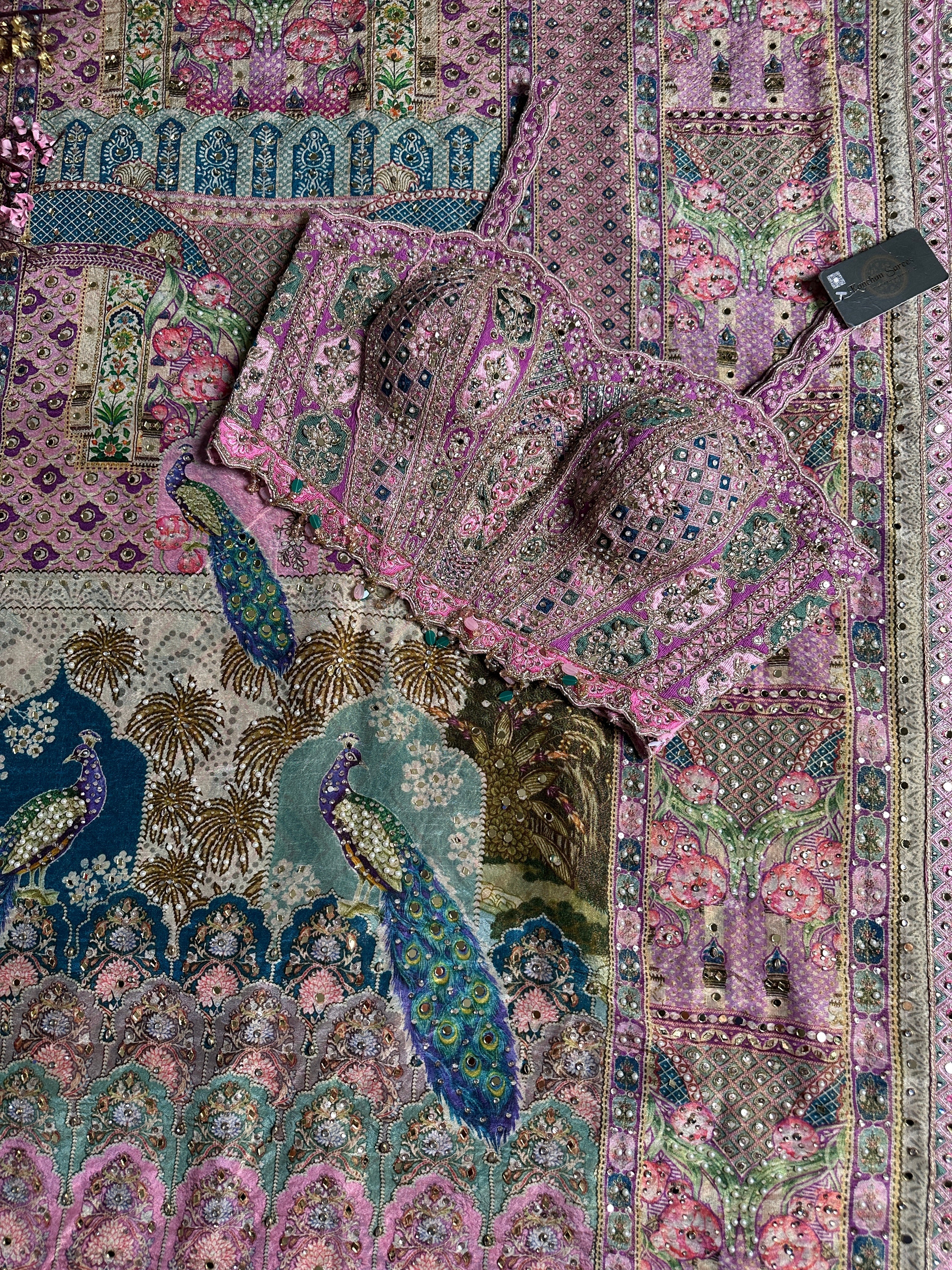 Pink Georgette Saree with Blouse with Cutdana, Sequins, Zari, Printed, Stone and Resham Embroidery 11