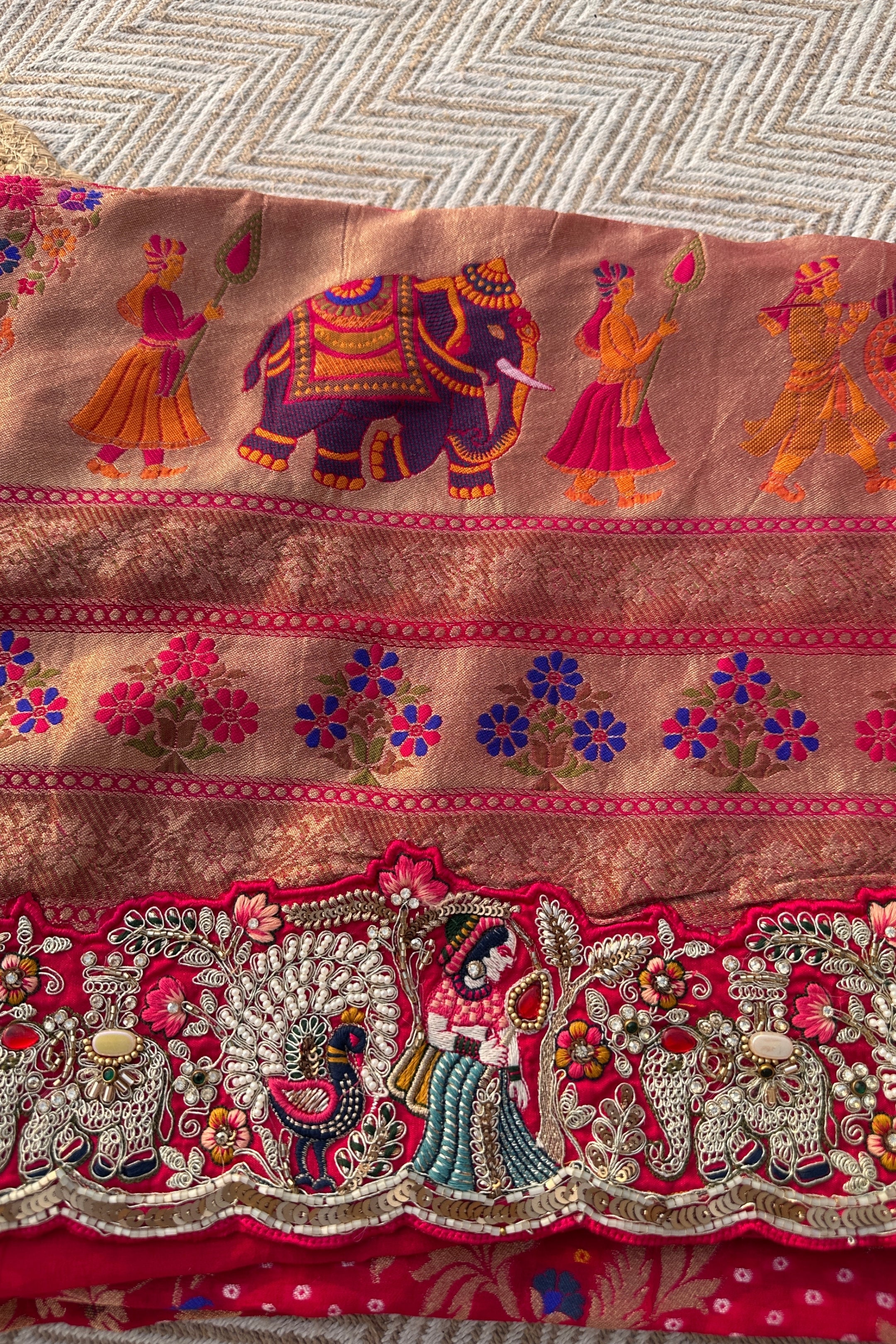 Red Georgette Unstitched Saree Embellished With Thread, Sequins, Zari, Moti & Cutdana work