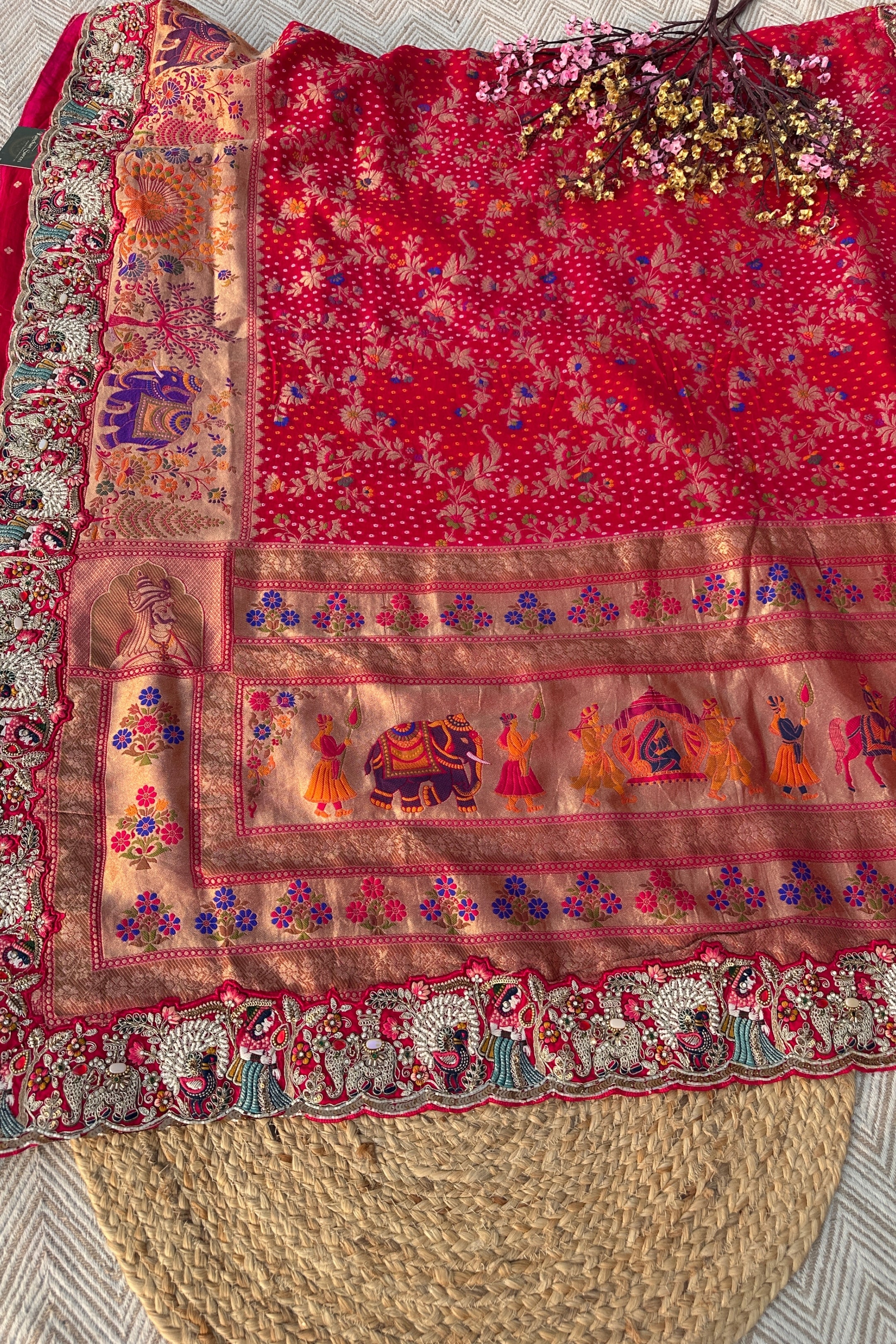 Red Georgette Unstitched Saree Embellished With Thread, Sequins, Zari, Moti & Cutdana work