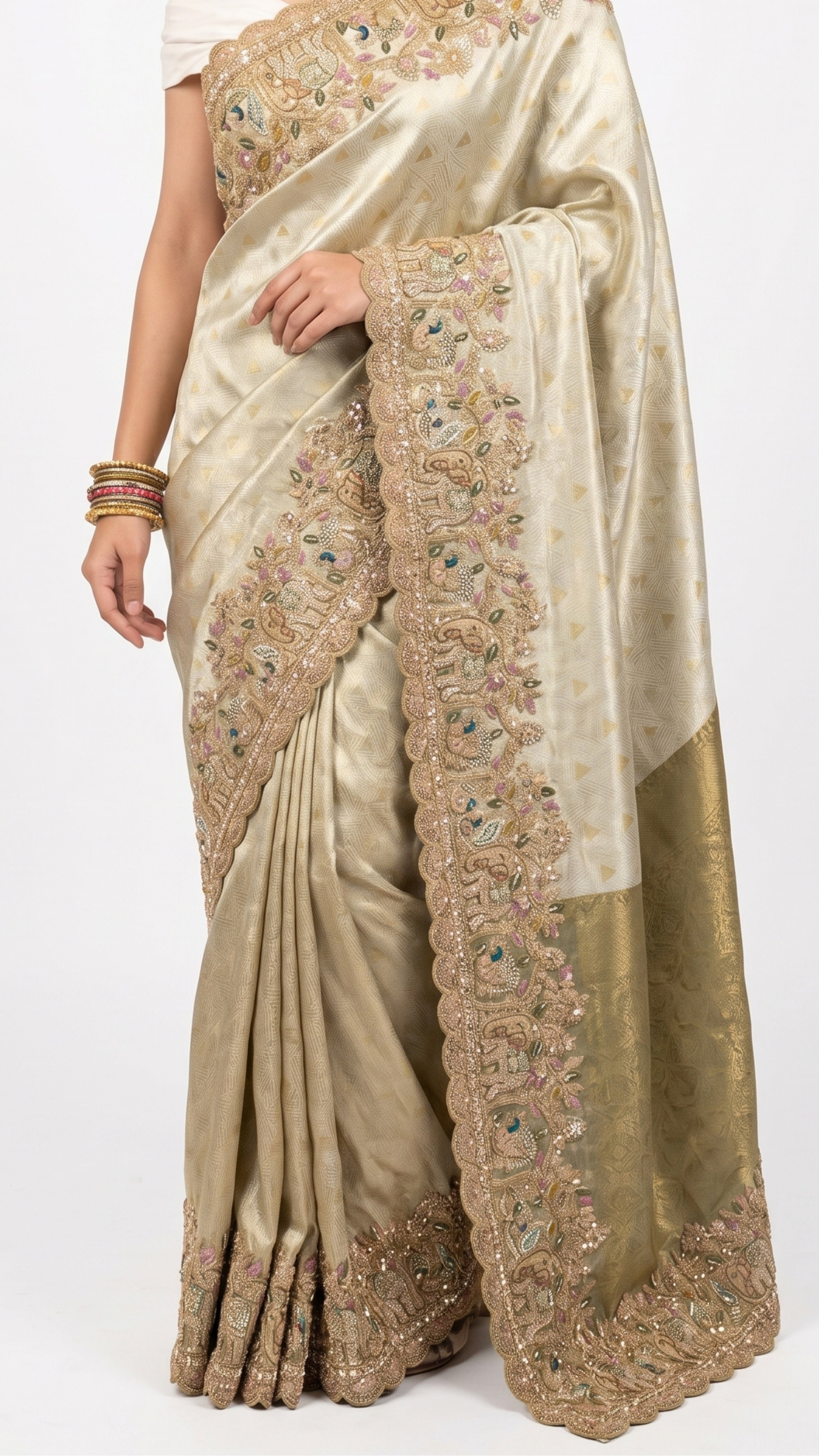 Muted Olive Gold Tissue Silk Saree Embellished with Zari, Cutdana & Zarkan Work