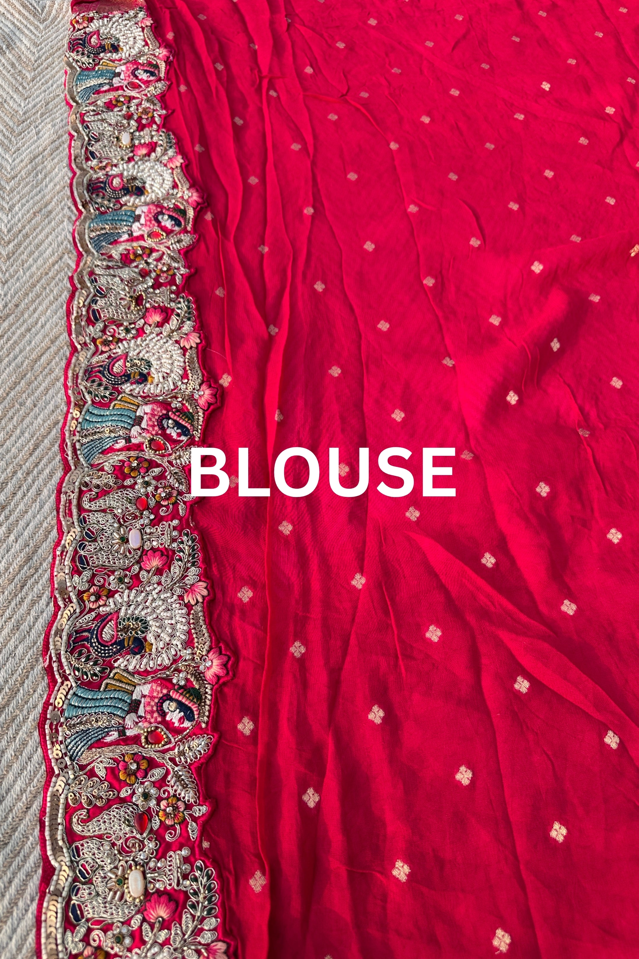 Red Georgette Unstitched Saree Embellished With Thread, Sequins, Zari, Moti & Cutdana work