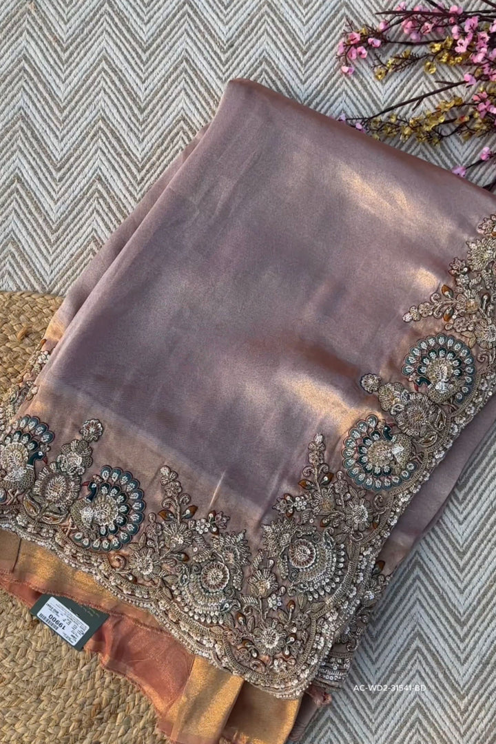 Beige Tissue Unstitched Saree Embellished With Sequins, Dori, Dabka & Cutdana Work
