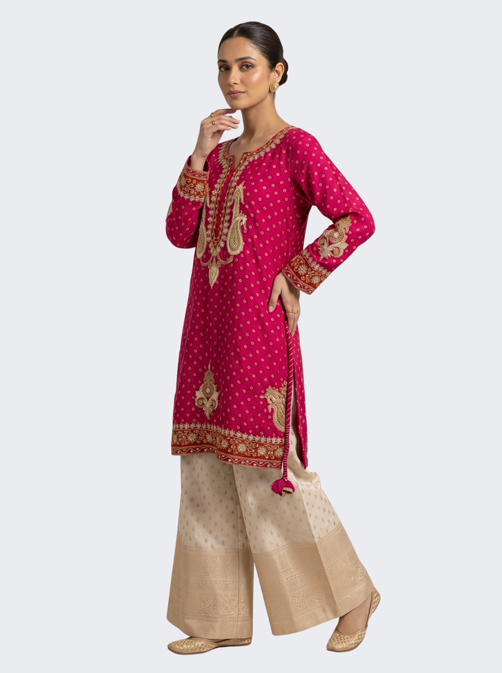 Pink Raw Silk Shirt, Palazzo And Dupatta with Cutdana, Pearl and French Knot Embroidery 2