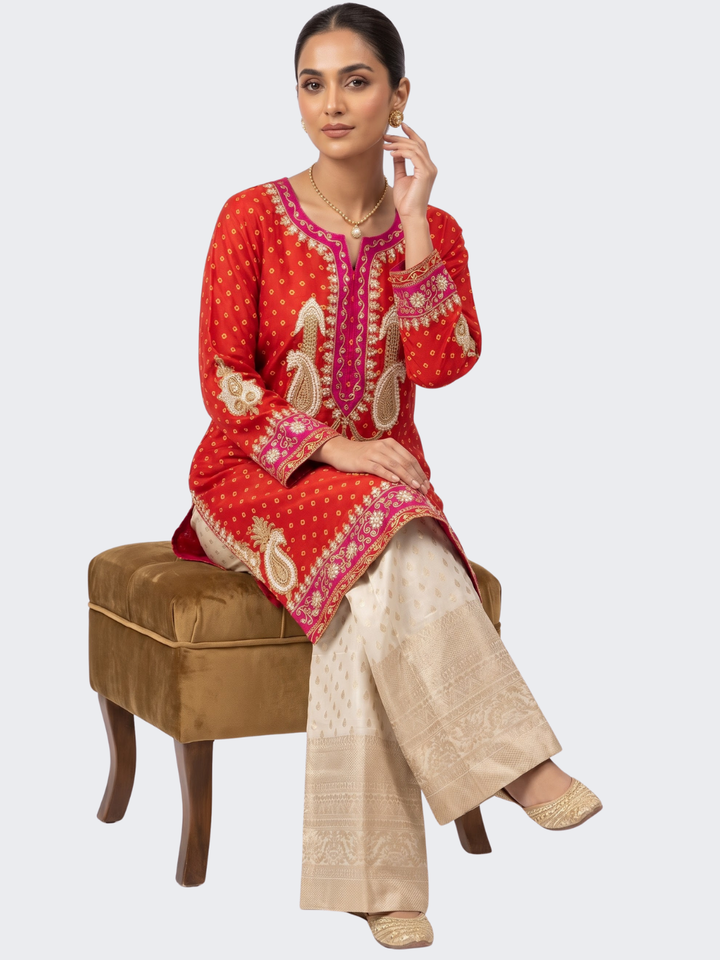 Red Raw Silk Shirt, Palazzo And Dupatta with Cutdana, Pearl and French Knot Embroidery 2