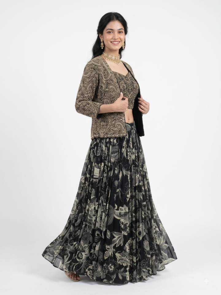 Black Georgette Indo Western with Cutdana, Pearl and Dabka Embroidery 1