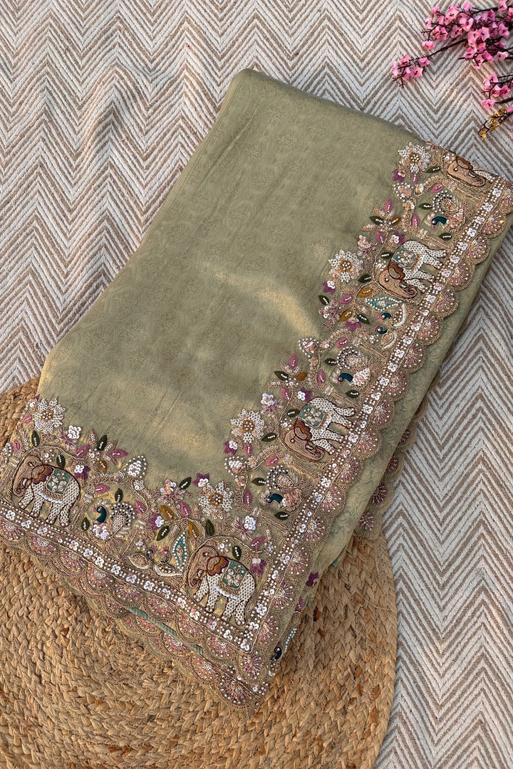 Green Brocade Unstitched Saree Embellished With Moti, Sequins, Cutdana, Thread& Jarkan Work