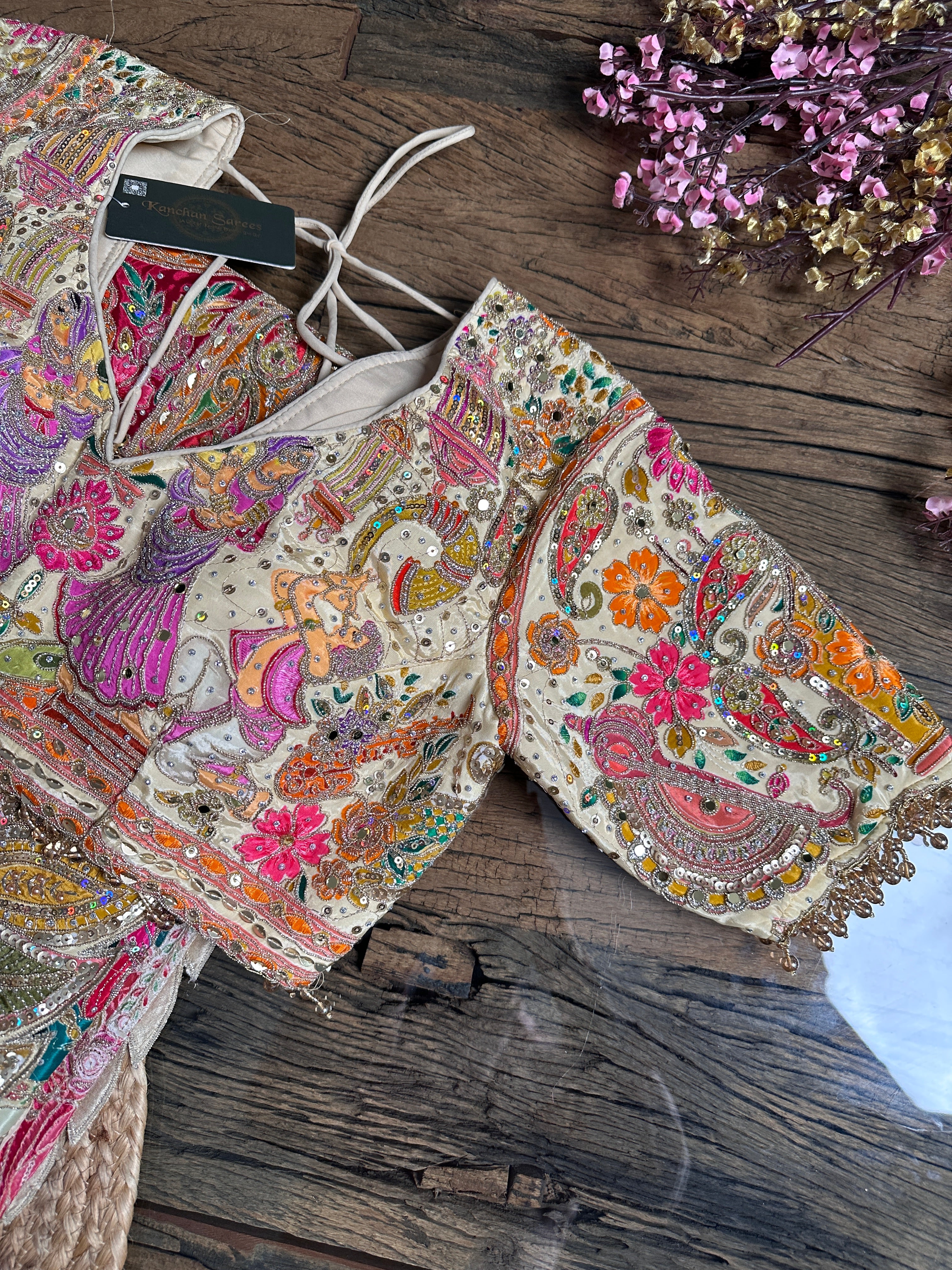 Cream Crepe Saree with Blouse with Cutdana, Aari, Zari, Sequins, Mirror and Printed Embroidery 4