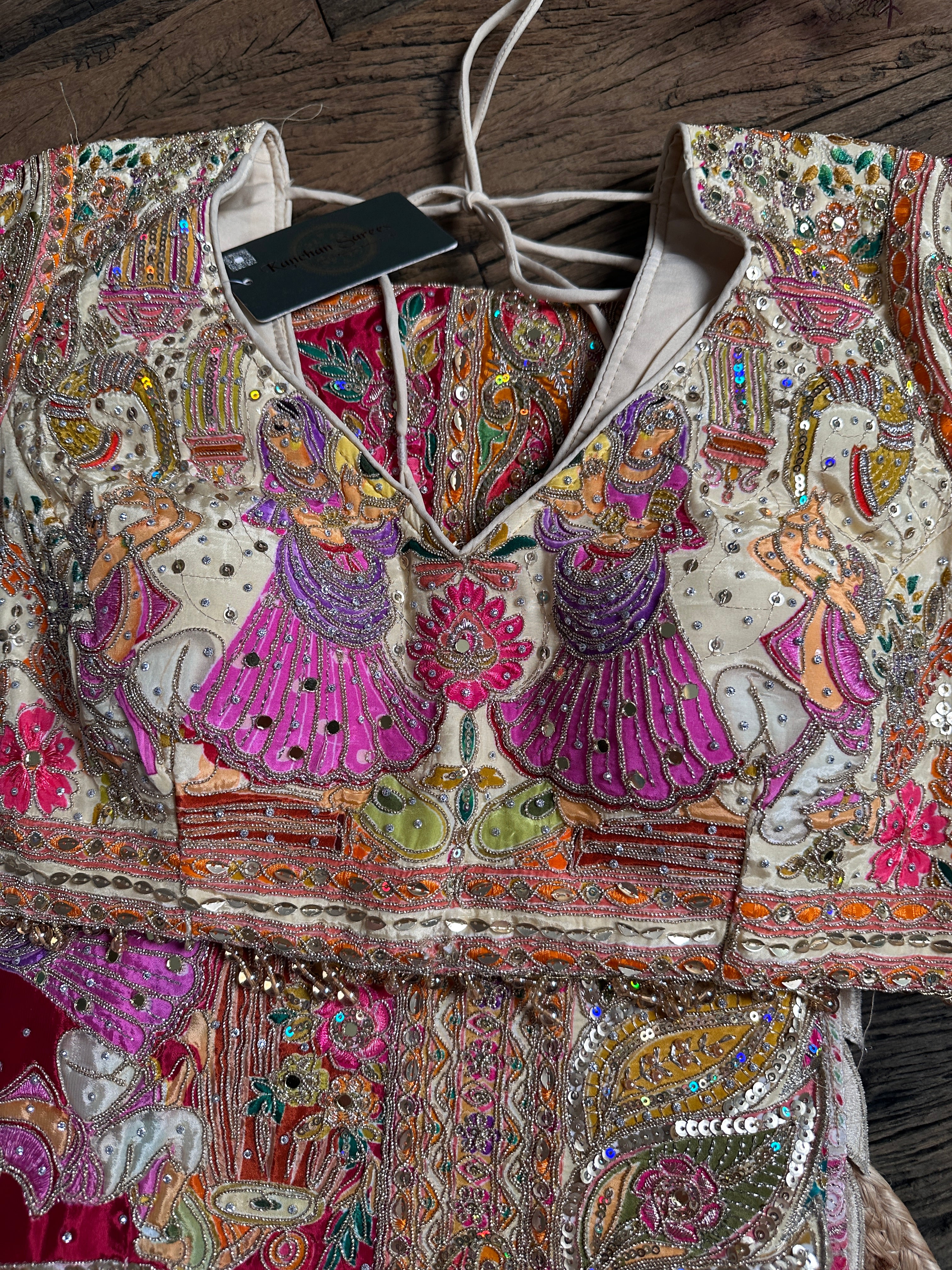 Cream Crepe Saree with Blouse with Cutdana, Aari, Zari, Sequins, Mirror and Printed Embroidery 5