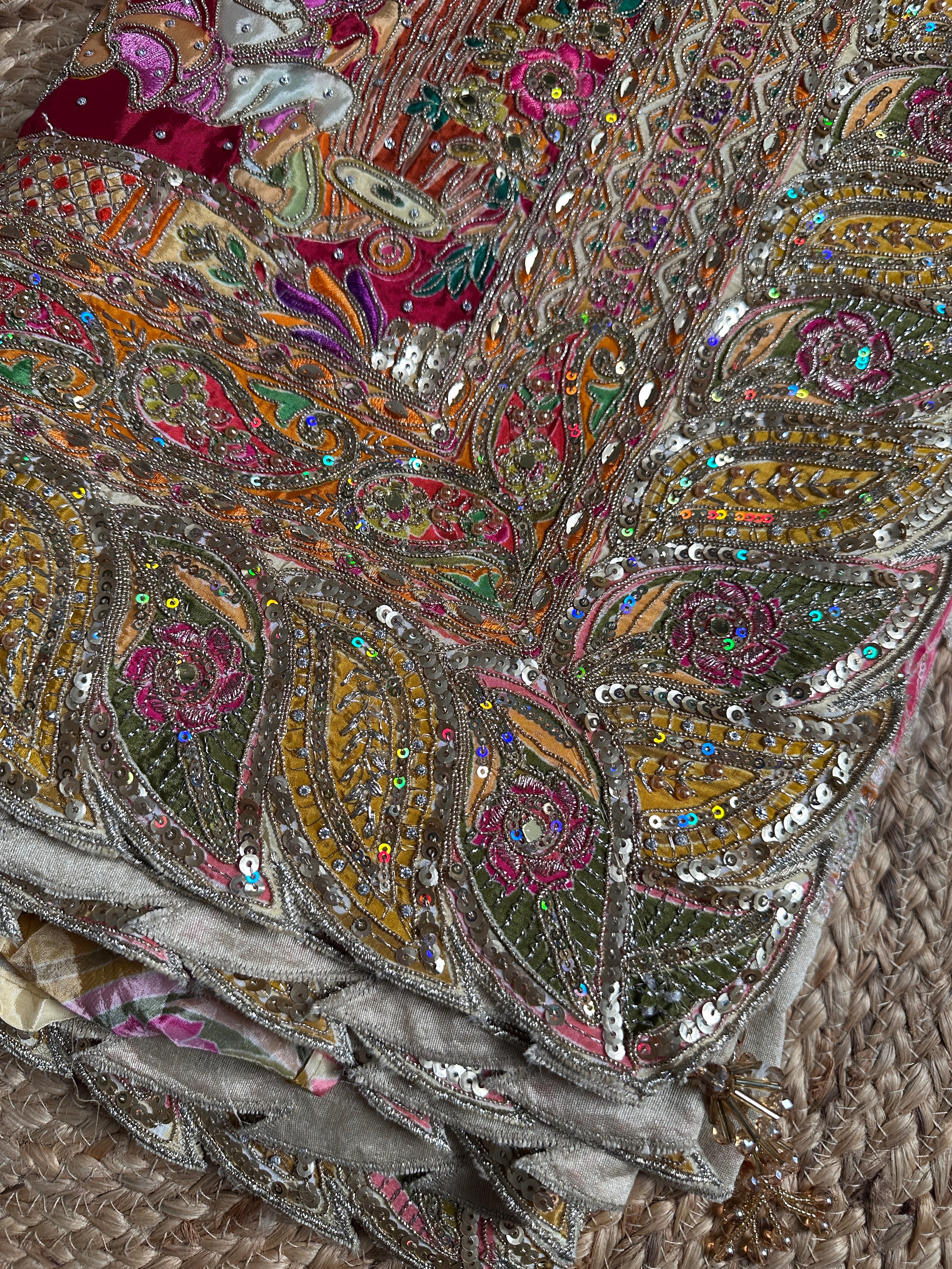 Cream Crepe Saree with Blouse with Cutdana, Aari, Zari, Sequins, Mirror and Printed Embroidery 7