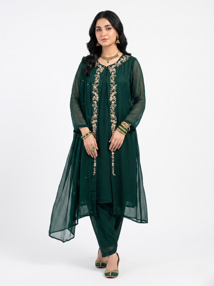 Green Chinon Shirt, Palazzo, Shrug And Dupatta with Cutdana, Sequins, Pearl and Dabka Embroidery 2