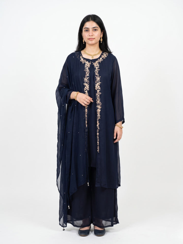 Navy Blue Chinon Shirt, Palazzo, Shrug And Dupatta with Cutdana, Sequins, Pearl and Dabka Embroidery 3