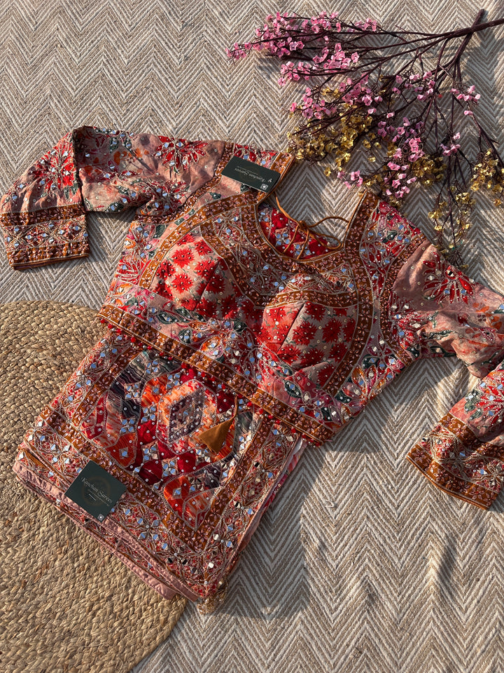 Peach Georgette Saree with Blouse with Mirror, Zari, Sequins, Swarovski and Printed Embroidery 1