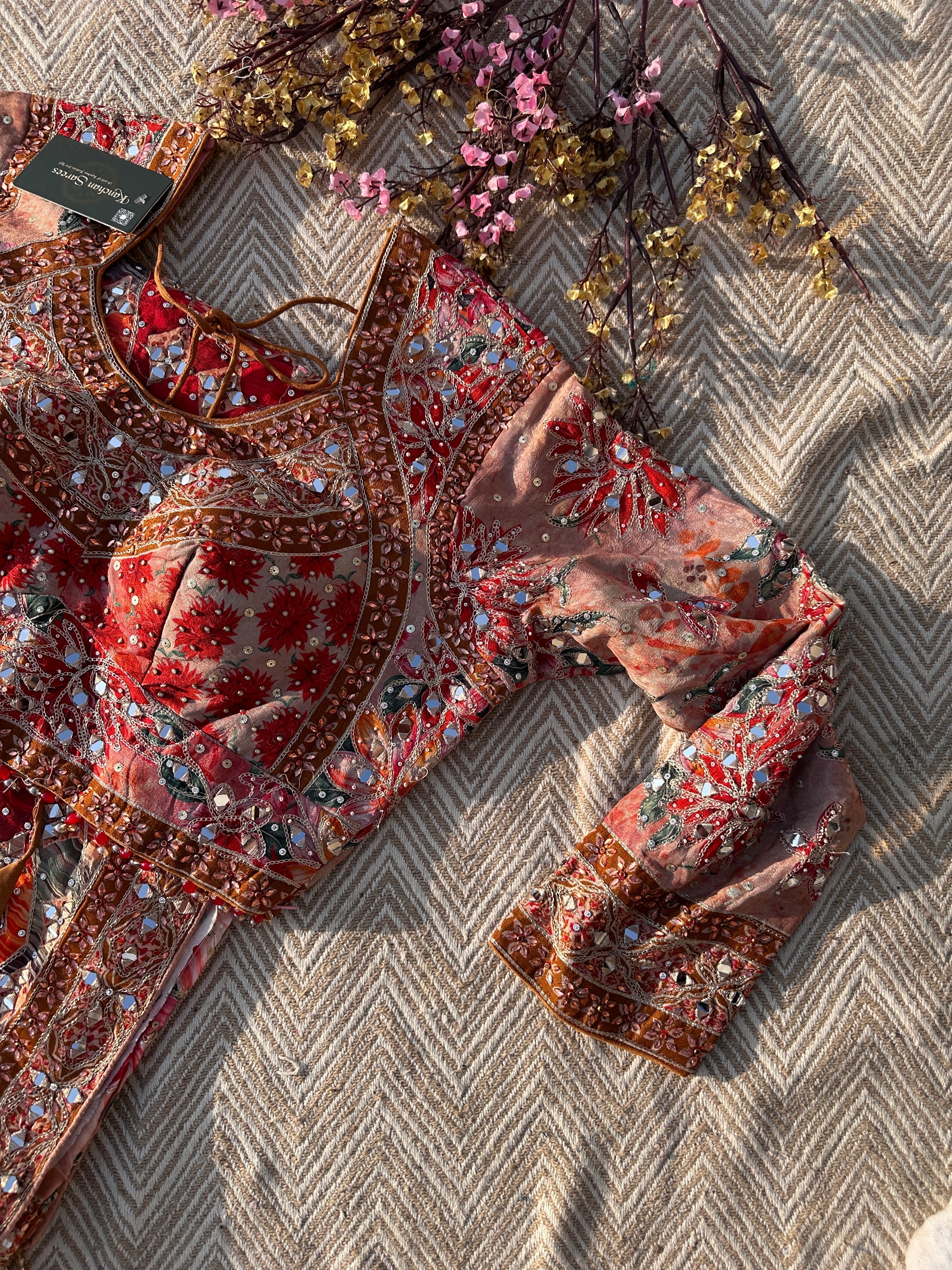 Peach Georgette Saree with Blouse with Mirror, Zari, Sequins, Swarovski and Printed Embroidery 3