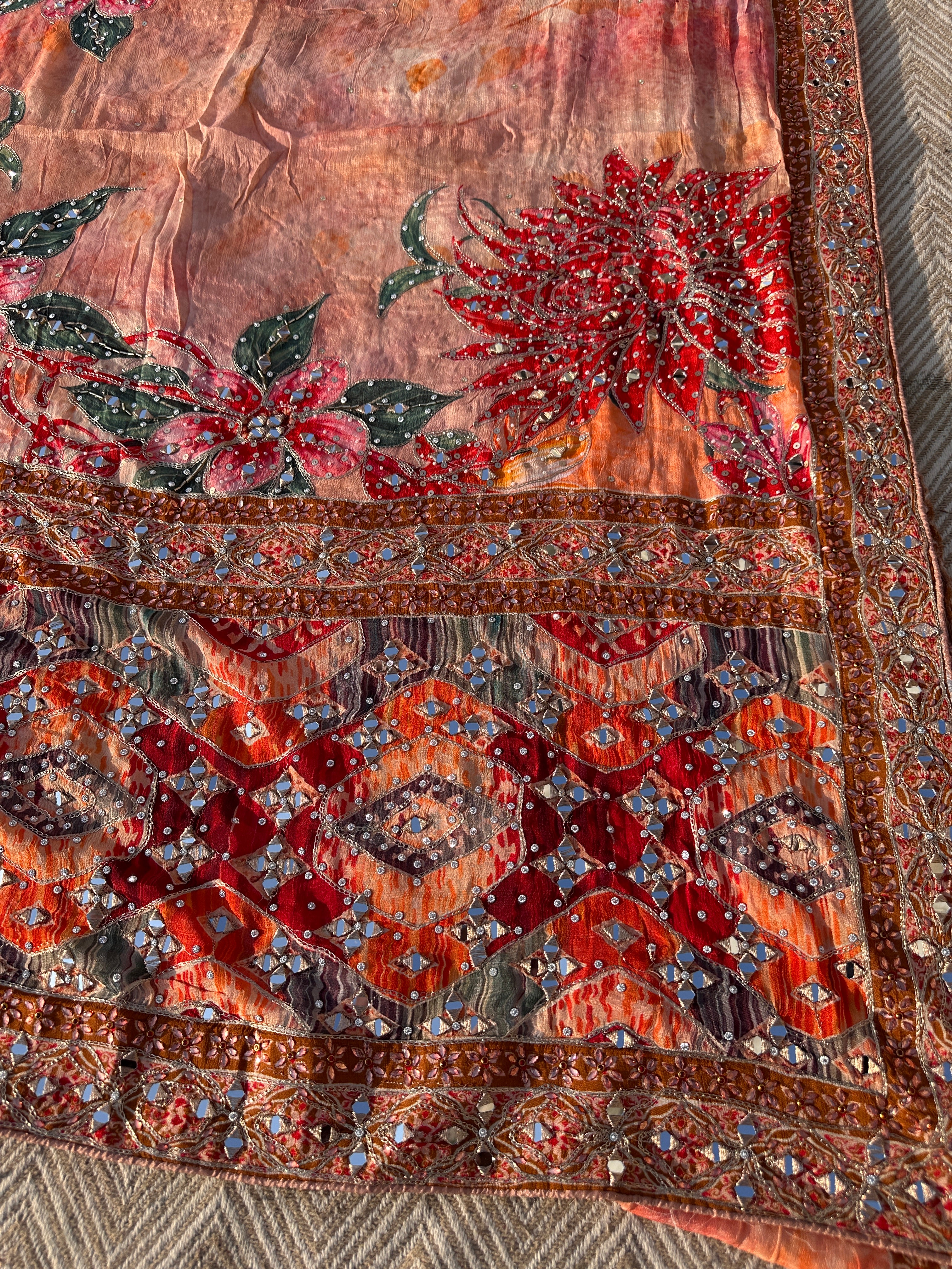 Peach Georgette Saree with Blouse with Mirror, Zari, Sequins, Swarovski and Printed Embroidery 9