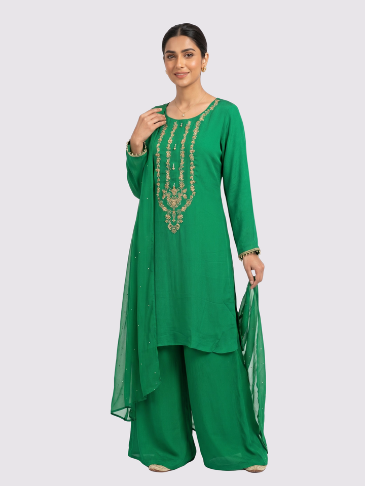 Rama Green Chinon Shirt, Palazzo And Dupatta with Sequins and Dabka Embroidery 1