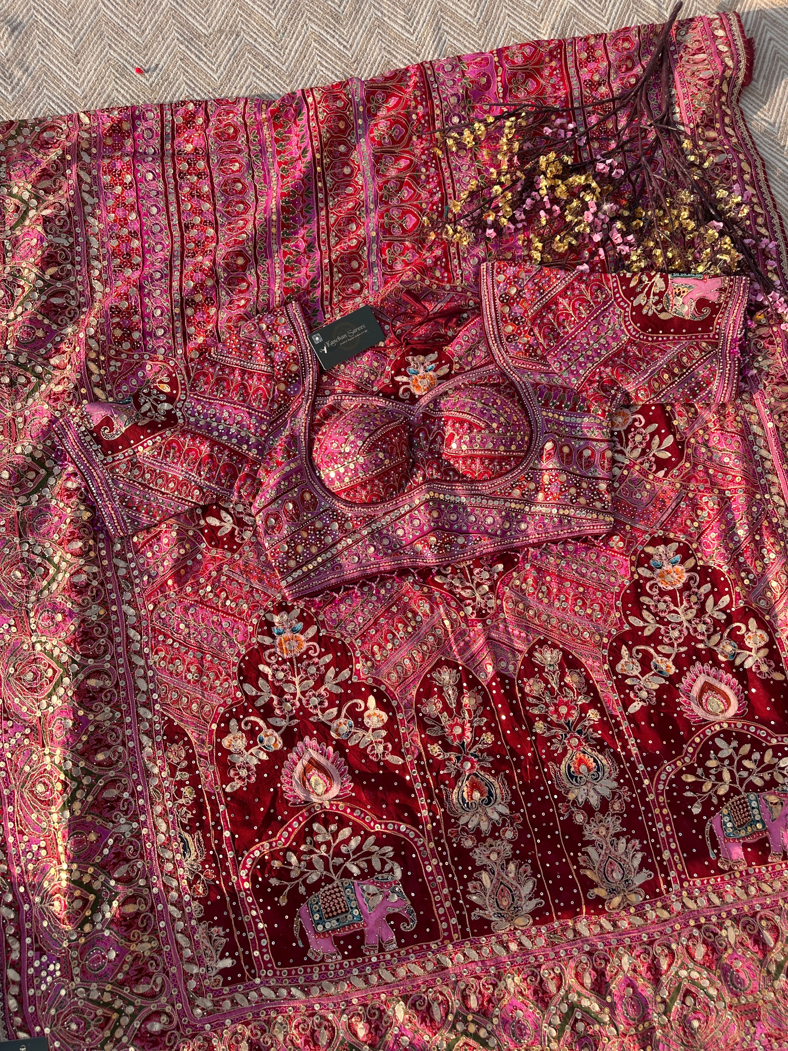 Mehroon Georgette Saree with Blouse with Sequins, Zari, Gota, Swarovski and Printed Embroidery 14