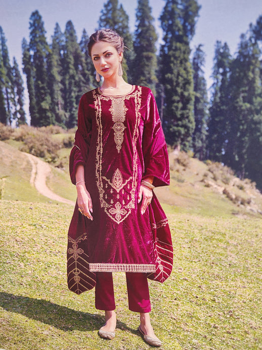 Rani Pink Velvet Unstitched Suit With Golden Embroidery