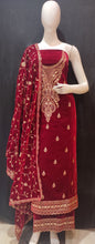 Load image into Gallery viewer, Maroon Velvet Unstitched Suit With Golden Embroidery
