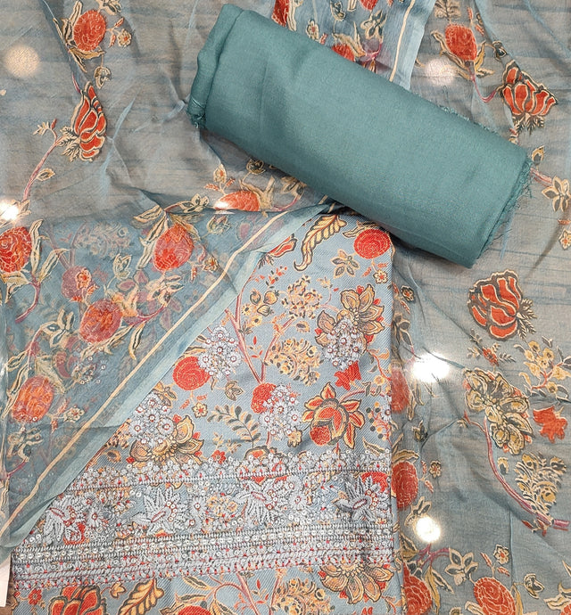 Grey Blue Pashmina Unstitched Suit With Thread Embroidery