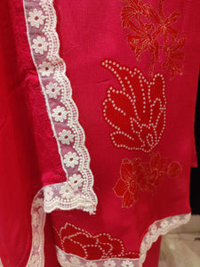 Pink Chinon Crape Semi-Stitch Suit Without Sleeves With Handwork And Lacework