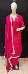 Pink Chinon Crape Semi-Stitch Suit Without Sleeves With Handwork And Lacework