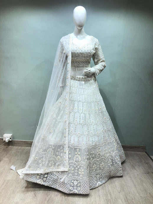 Off White Net Lehenga With Moti And Sequence