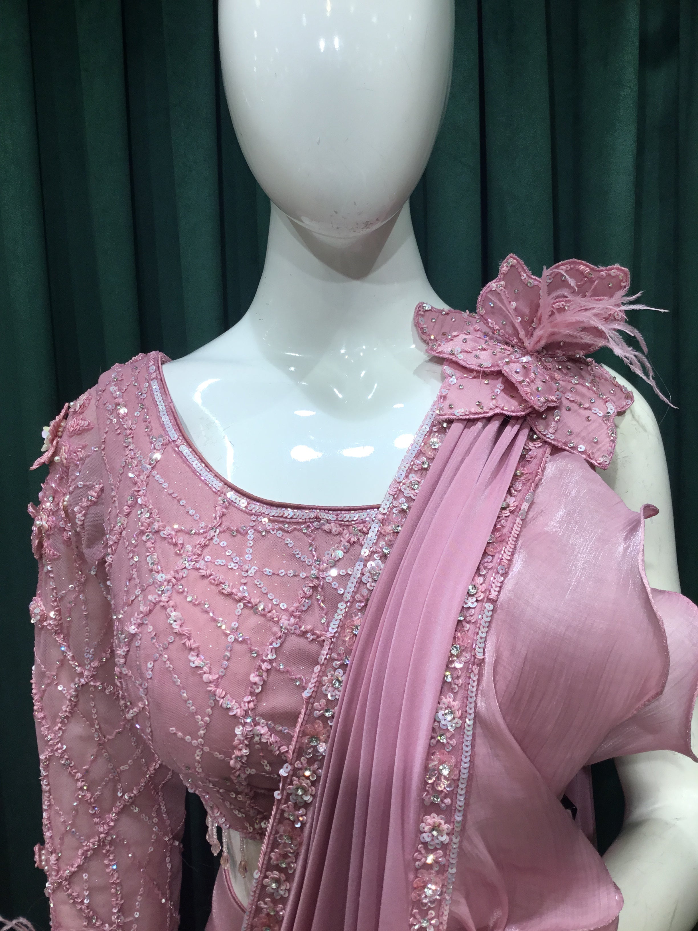 Pink Drape Saree Tissue Organza Raffle With Sequins and Cut Dana Work