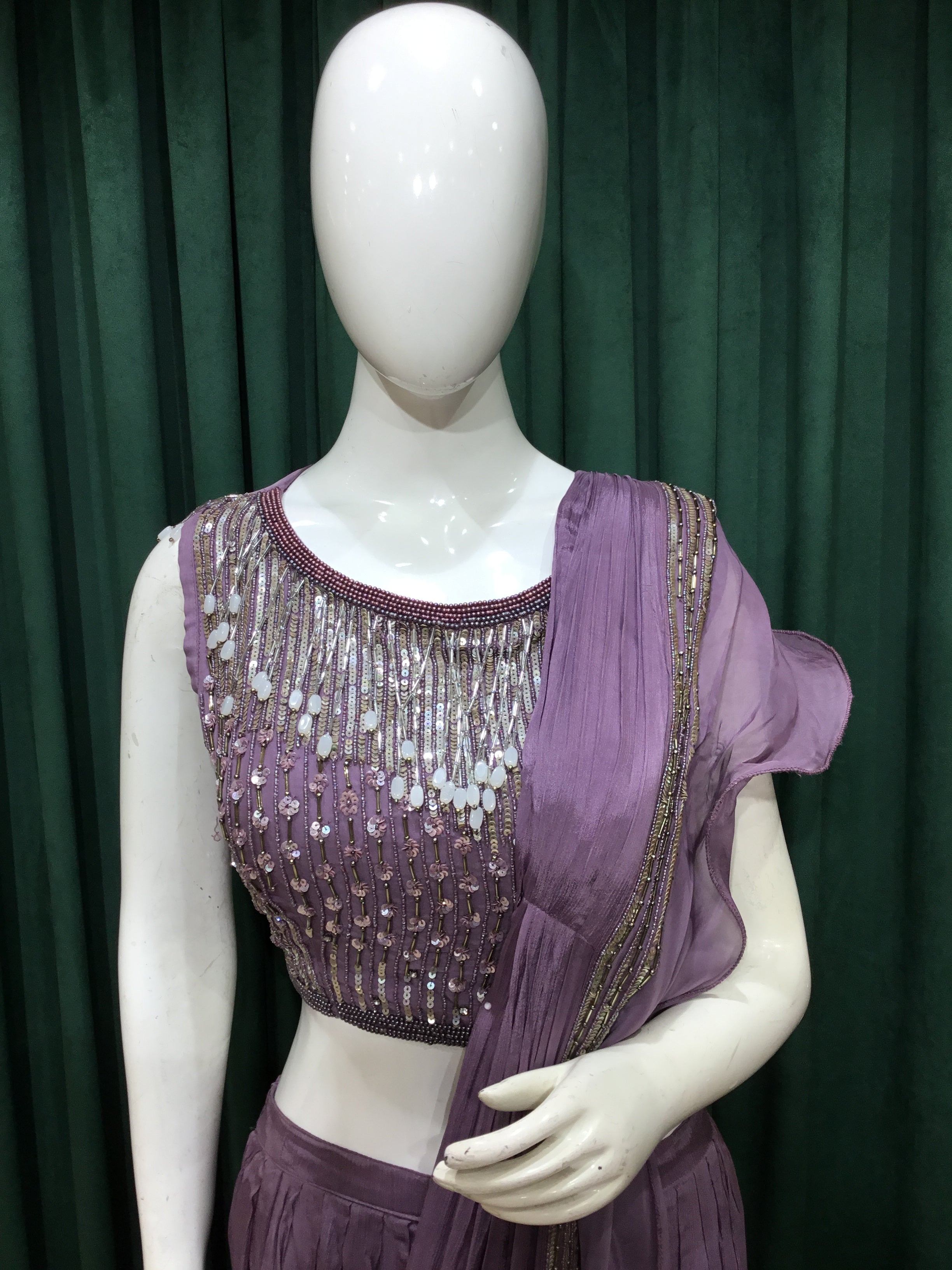 Mauve Chinon Indo Western With Sequins and Pearl work