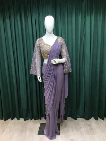 Mauve Lycra Drape saree with sequins and Japanese Cut Dana