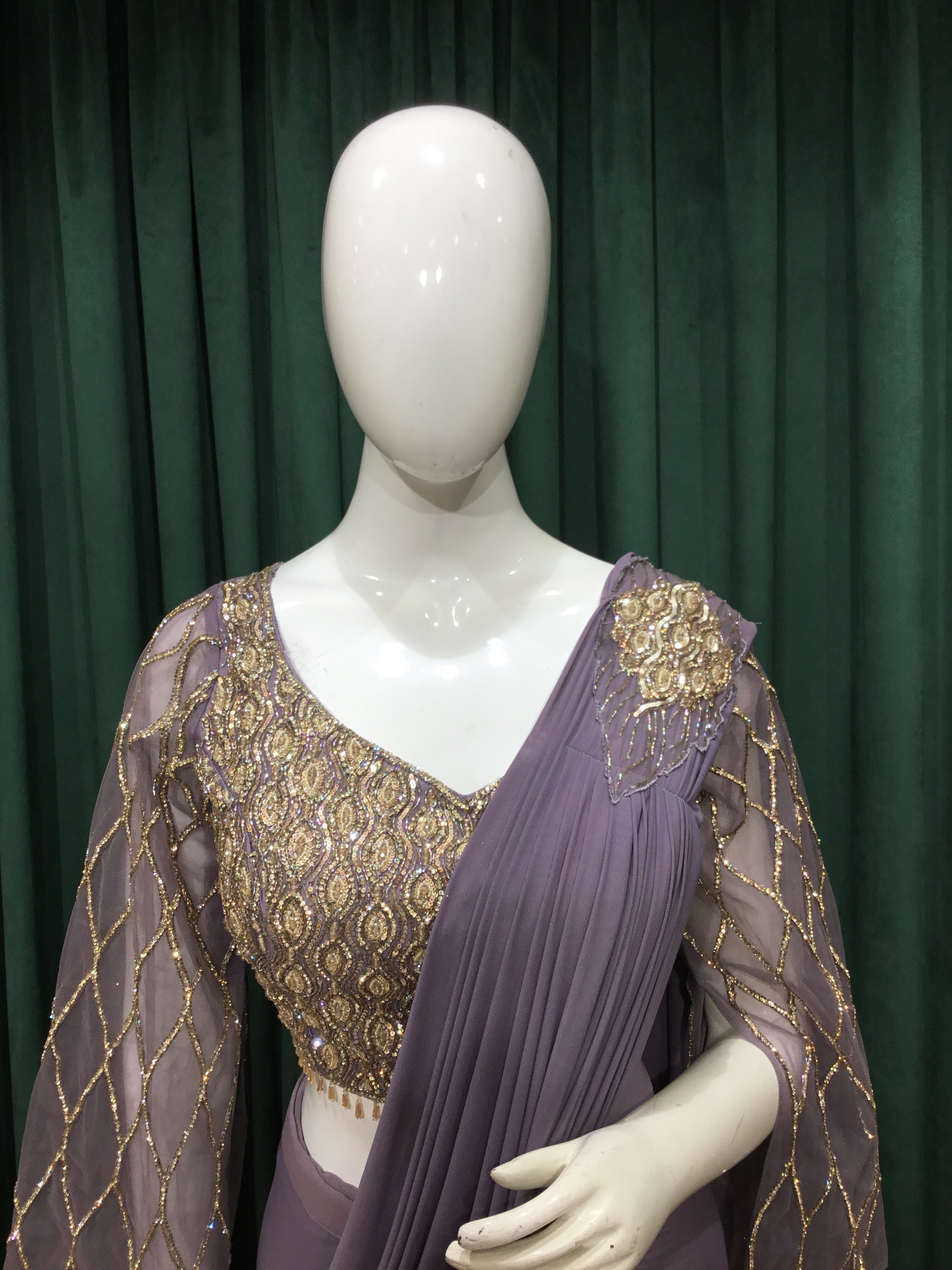 Mauve Lycra Drape saree with sequins and Japanese Cut Dana