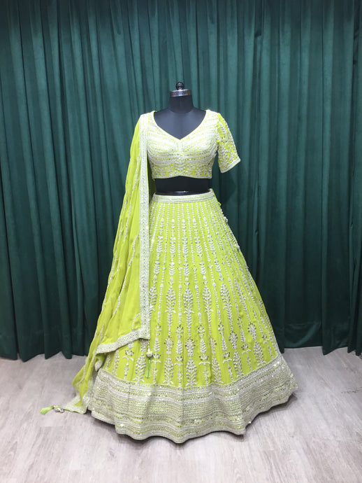 Green Georgette Lehenga With Sequins and Japanese Cut Dana