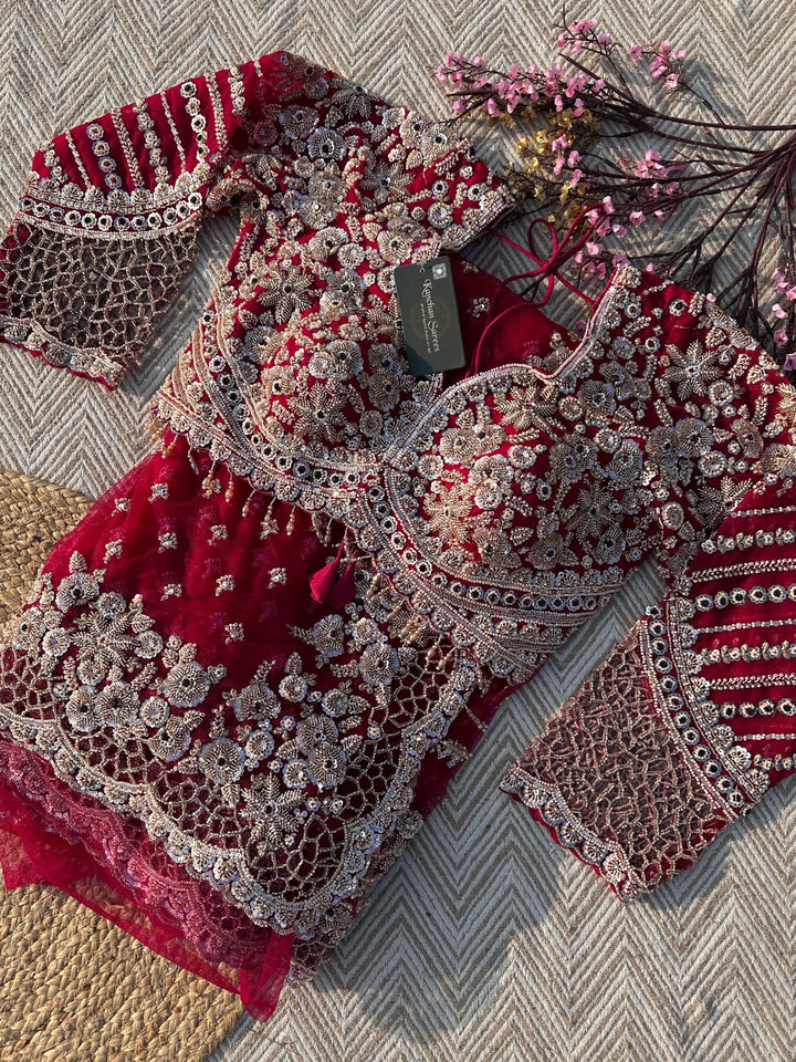 Magenta Net Saree with Blouse with Cutdana, Sequins, Beads, Stone and Cutwork Embroidery 1